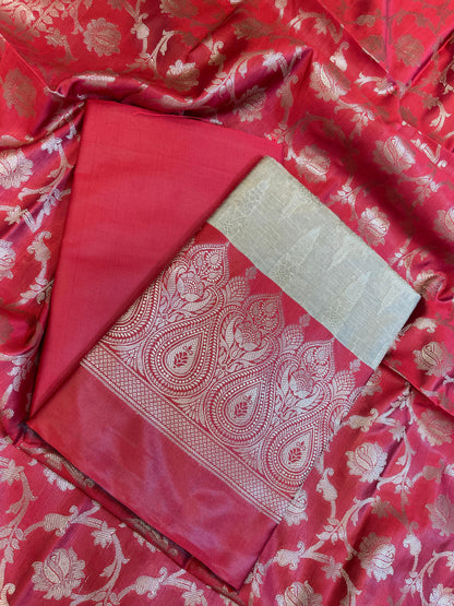Beige Art Silk Floral Zari Booti Contrast Banarasi Suit with Red Dupatta 625AJ_TPT44