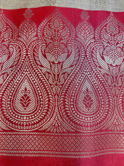 Beige Art Silk Floral Zari Booti Contrast Banarasi Suit with Red Dupatta 625AJ_TPT44