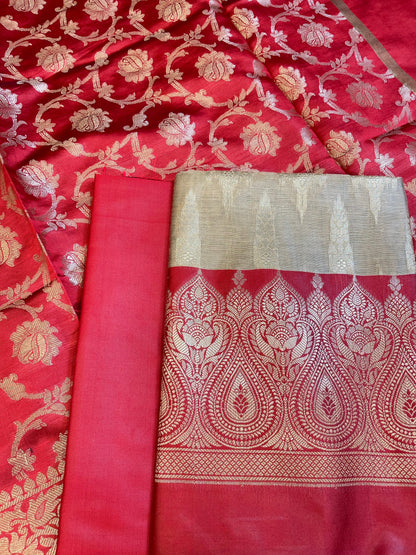 Beige Art Silk Floral Zari Booti Contrast Banarasi Suit with Red Dupatta 625AJ_TPT44
