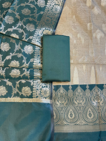 Beige Art Silk Floral Zari Booti Contrast Banarasi Suit with Darkgreen Dupatta 625AJ_TPT45