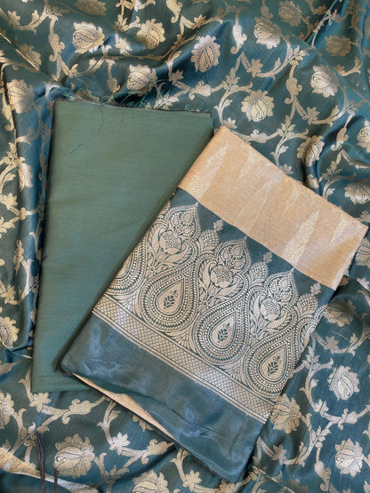 Beige Art Silk Floral Zari Booti Contrast Banarasi Suit with Darkgreen Dupatta 625AJ_TPT45
