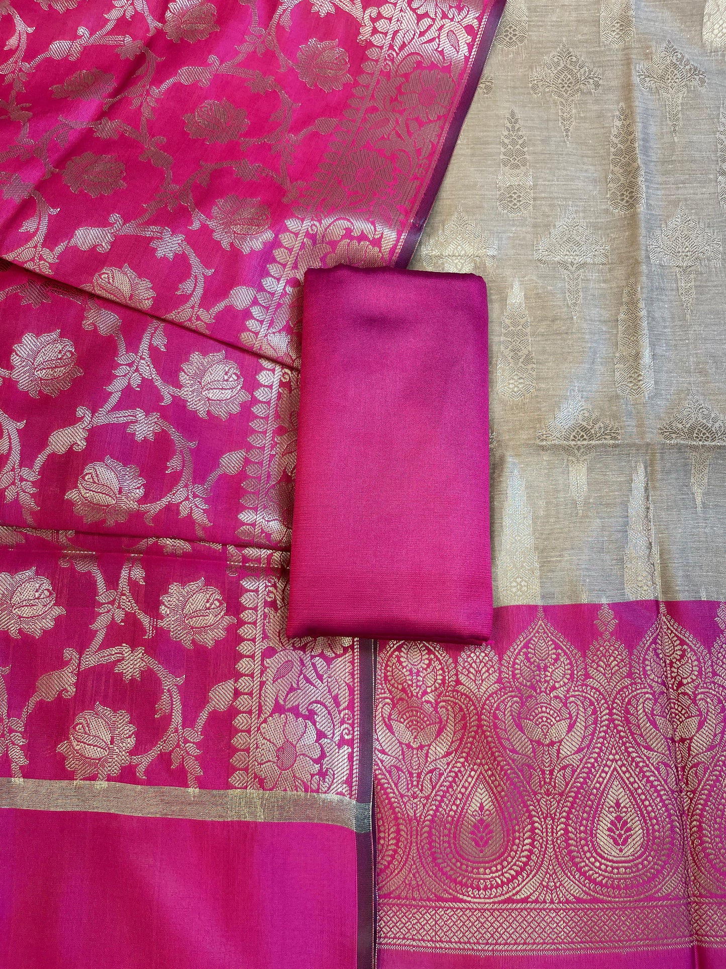 Beige Art Silk Floral Zari Booti Contrast Banarasi Suit with Magenta Dupatta 625AJ_TPT46