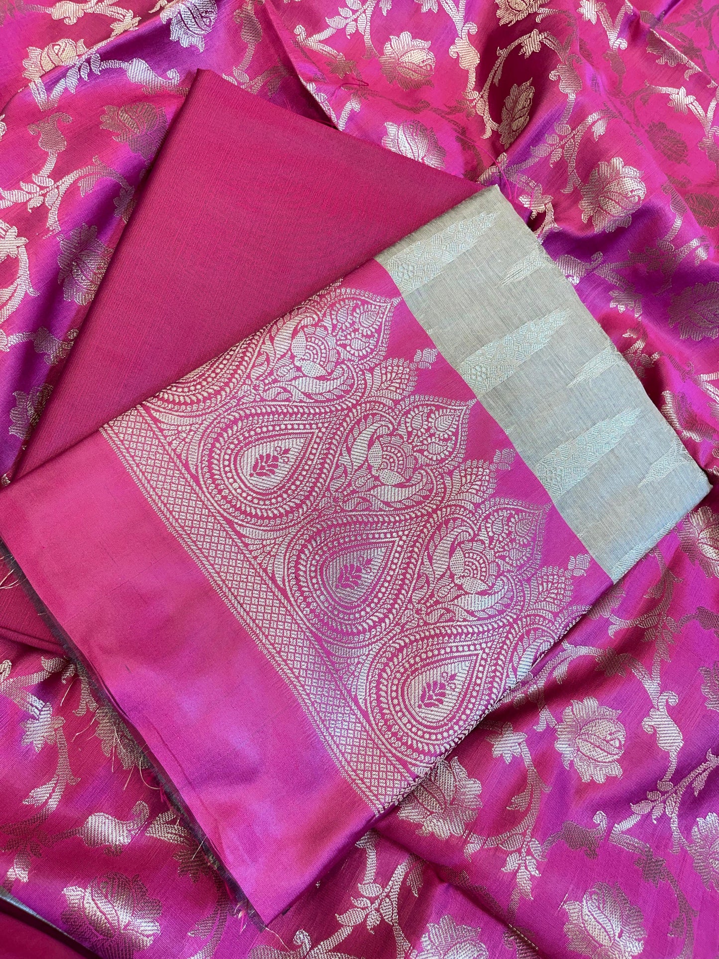 Beige Art Silk Floral Zari Booti Contrast Banarasi Suit with Magenta Dupatta 625AJ_TPT46