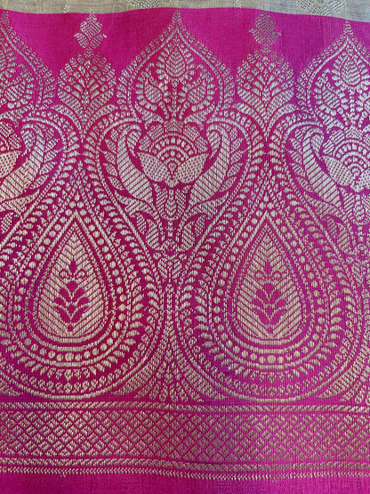 Beige Art Silk Floral Zari Booti Contrast Banarasi Suit with Magenta Dupatta 625AJ_TPT46