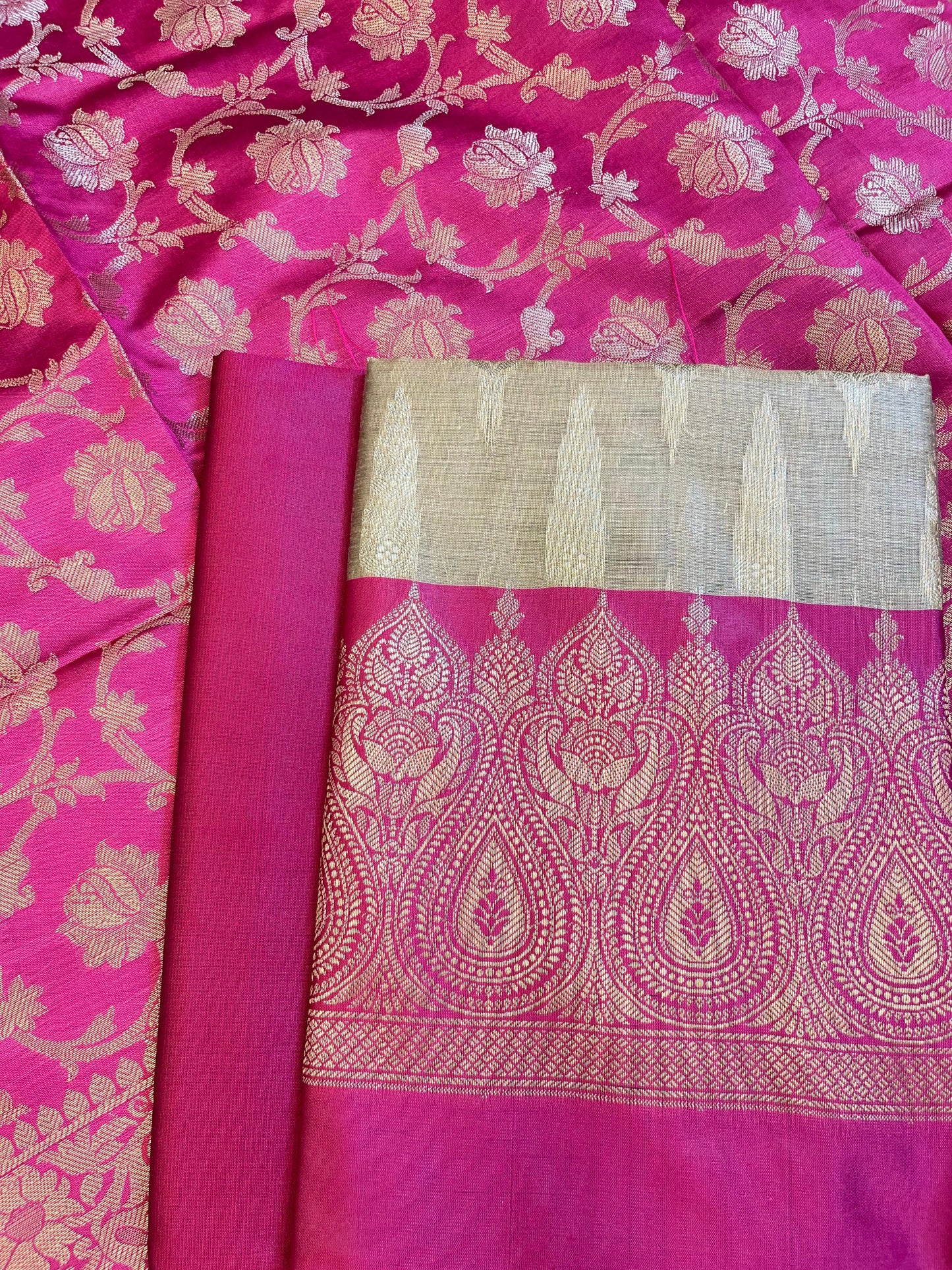Beige Art Silk Floral Zari Booti Contrast Banarasi Suit with Magenta Dupatta 625AJ_TPT46