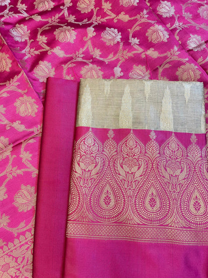 Beige Art Silk Floral Zari Booti Contrast Banarasi Suit with Magenta Dupatta 625AJ_TPT46