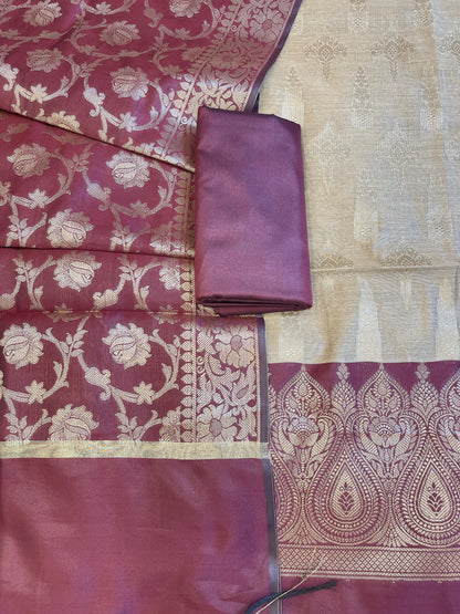 Beige Art Silk Floral Zari Booti Contrast Banarasi Suit with Maroon Dupatta 625AJ_TPT47