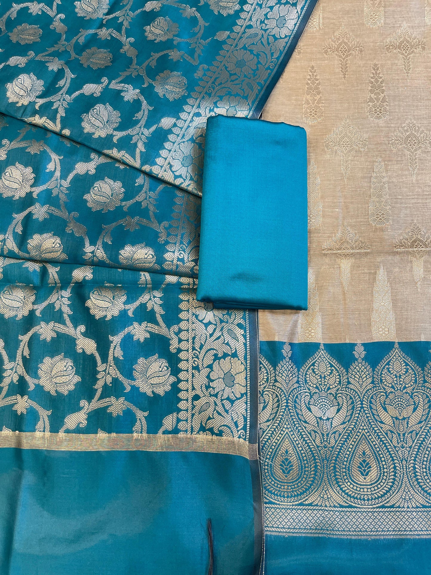 Beige Art Silk Floral Zari Booti Contrast Banarasi Suit with Seagreen Dupatta 625AJ_TPT48
