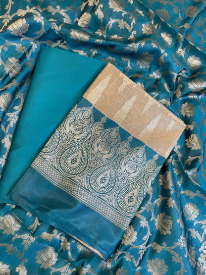 Beige Art Silk Floral Zari Booti Contrast Banarasi Suit with Seagreen Dupatta 625AJ_TPT48