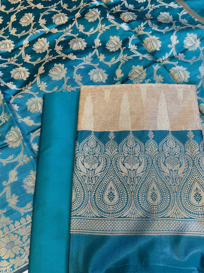 Beige Art Silk Floral Zari Booti Contrast Banarasi Suit with Seagreen Dupatta 625AJ_TPT48