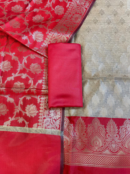 Beige Art Silk Floral Zari Booti Contrast Banarasi Suit with Red Dupatta 625AJ_TPT49