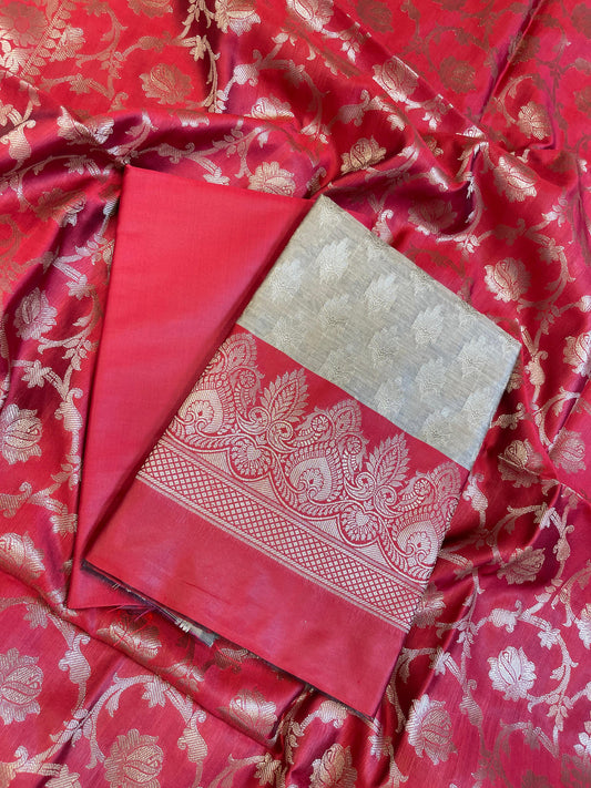 Beige Art Silk Floral Zari Booti Contrast Banarasi Suit with Red Dupatta 625AJ_TPT49