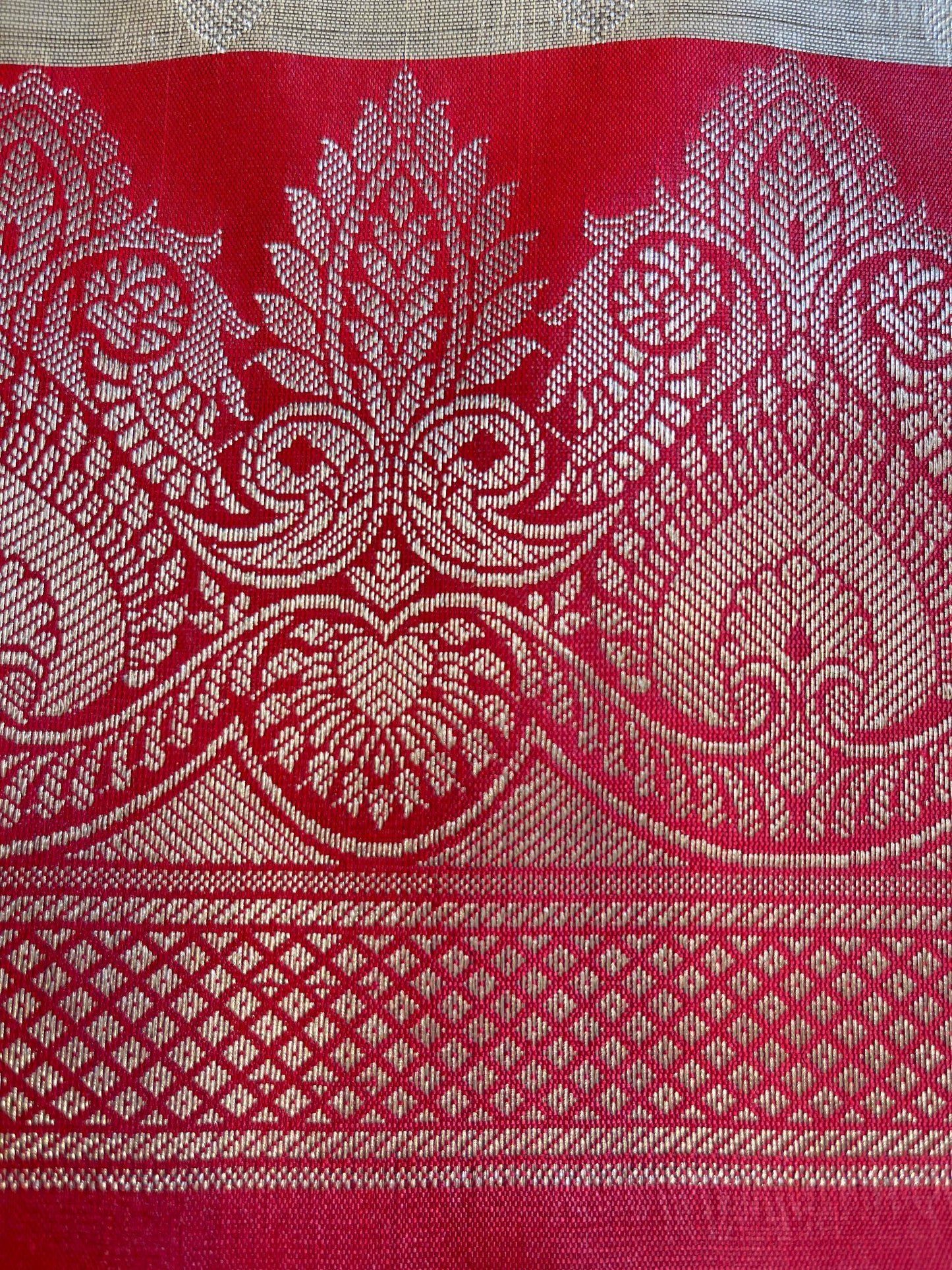 Beige Art Silk Floral Zari Booti Contrast Banarasi Suit with Red Dupatta 625AJ_TPT49