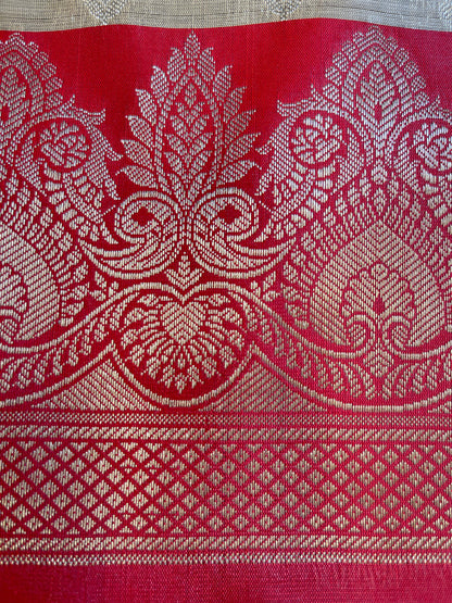 Beige Art Silk Floral Zari Booti Contrast Banarasi Suit with Red Dupatta 625AJ_TPT49