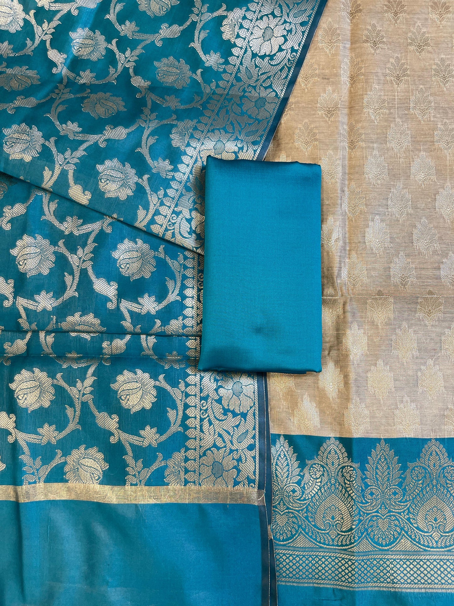 Beige Art Silk Floral Zari Booti Contrast Banarasi Suit with Seagreen Dupatta 625AJ_TPT50