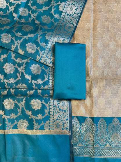 Beige Art Silk Floral Zari Booti Contrast Banarasi Suit with Seagreen Dupatta 625AJ_TPT50
