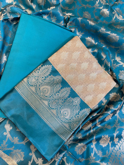Beige Art Silk Floral Zari Booti Contrast Banarasi Suit with Seagreen Dupatta 625AJ_TPT50