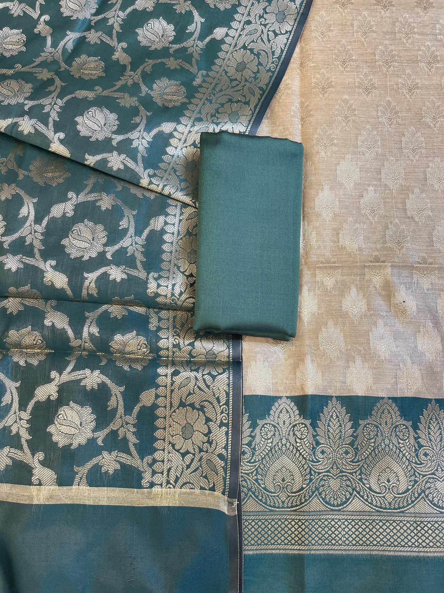Beige Art Silk Floral Zari Booti Contrast Banarasi Suit with Seagreen Dupatta 625AJ_TPT50