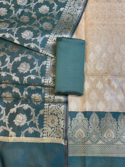 Beige Art Silk Floral Zari Booti Contrast Banarasi Suit with Seagreen Dupatta 625AJ_TPT50