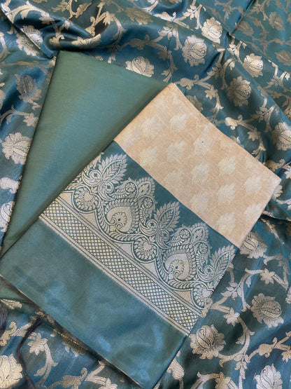 Beige Art Silk Floral Zari Booti Contrast Banarasi Suit with Darkgreen Dupatta 625AJ_TPT51
