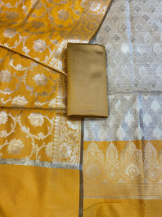 Beige Art Silk Floral Zari Booti Contrast Banarasi Suit with Mustard Dupatta 625AJ_TPT52