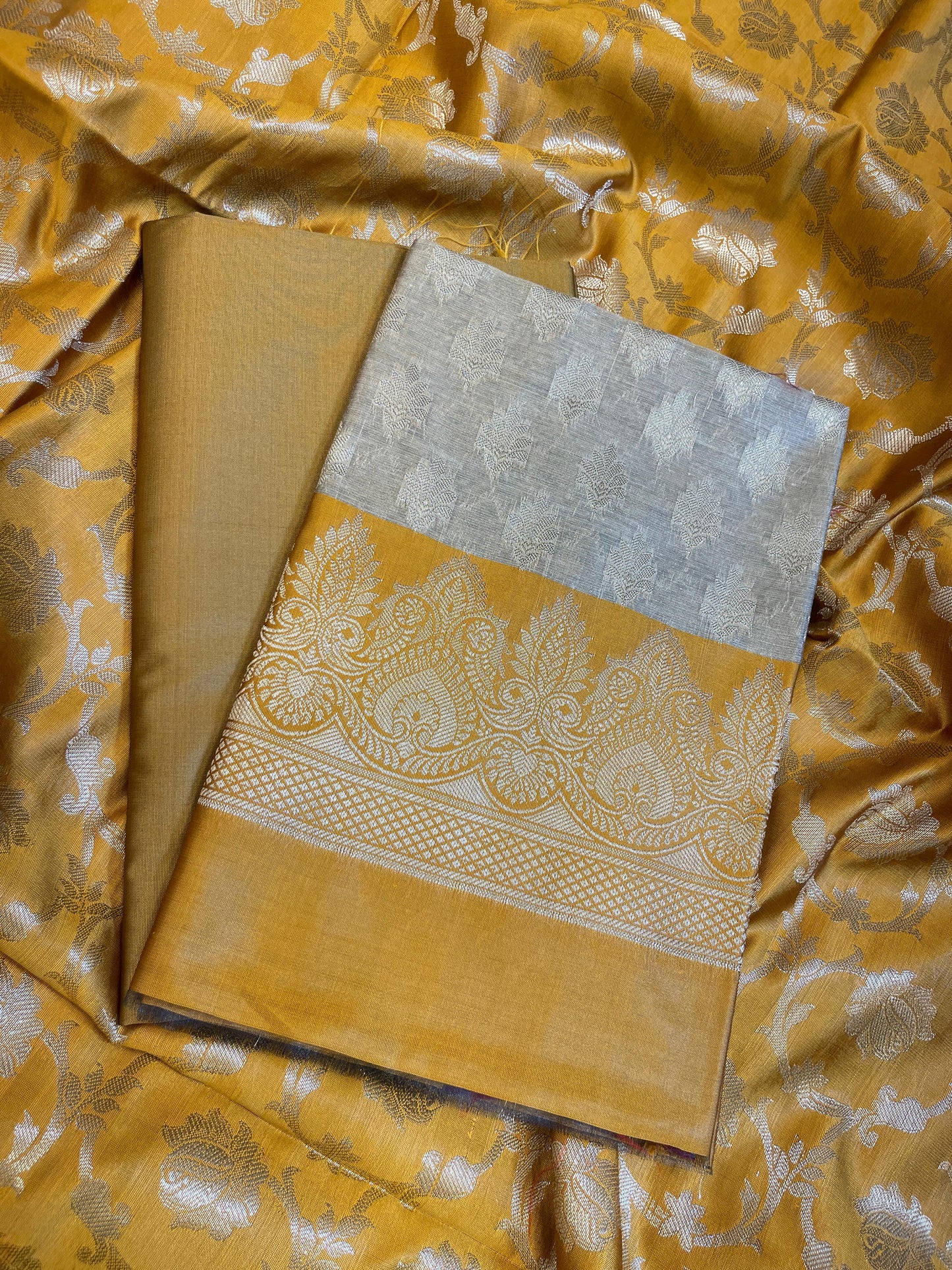 Beige Art Silk Floral Zari Booti Contrast Banarasi Suit with Mustard Dupatta 625AJ_TPT52