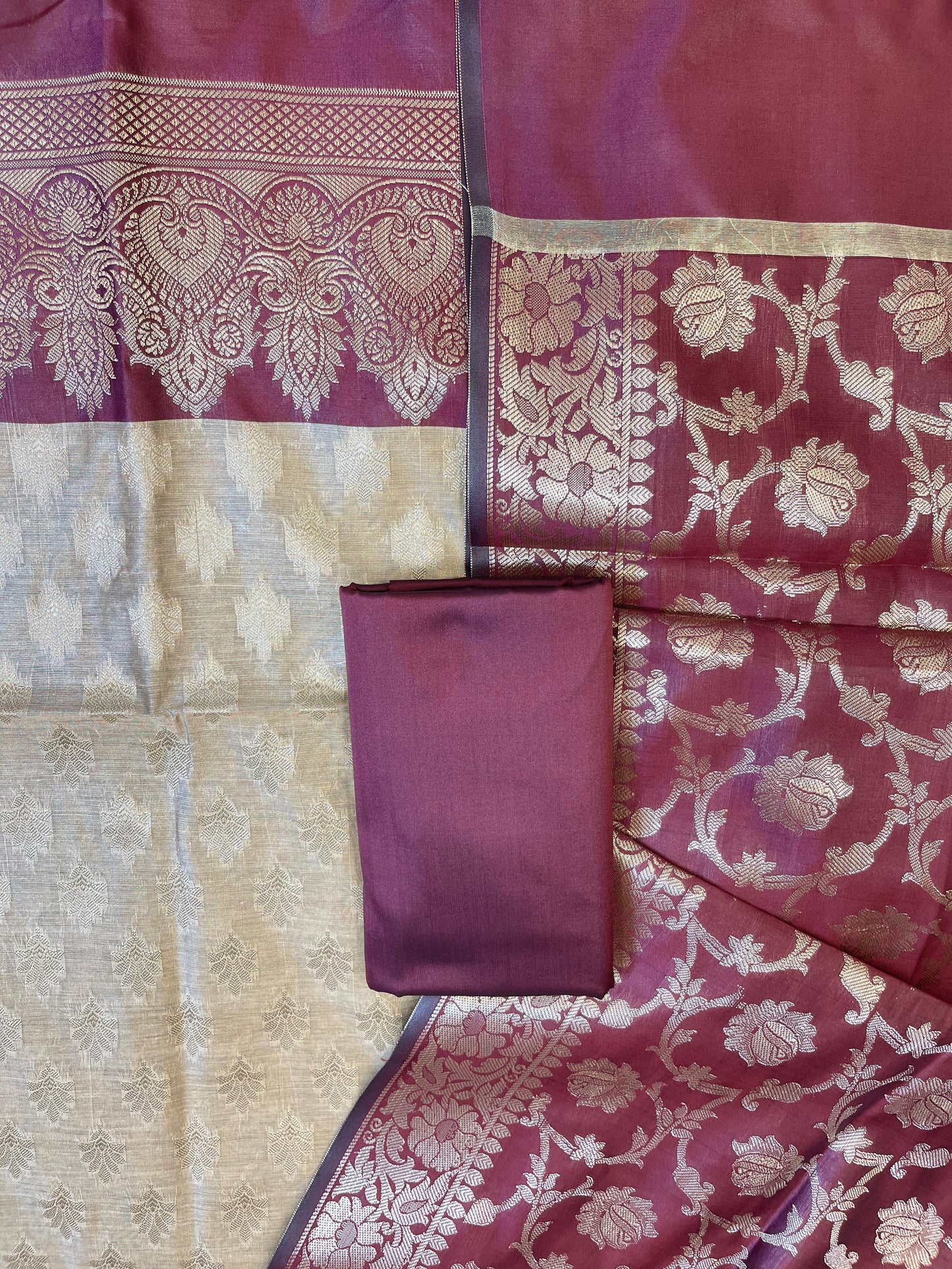 Beige Art Silk Floral Zari Booti Contrast Banarasi Suit with Maroon Dupatta 625AJ_TPT54