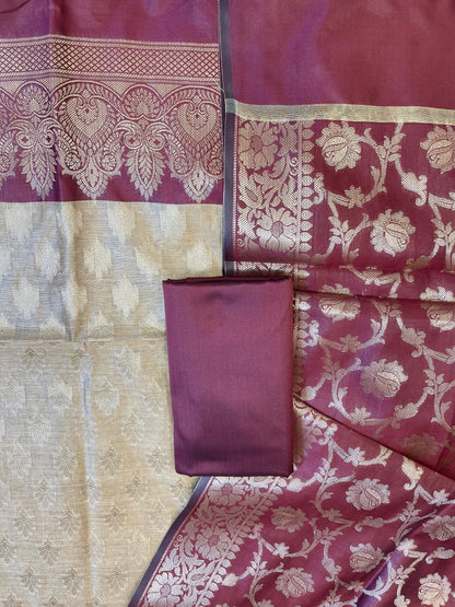 Beige Art Silk Floral Zari Booti Contrast Banarasi Suit with Maroon Dupatta 625AJ_TPT54