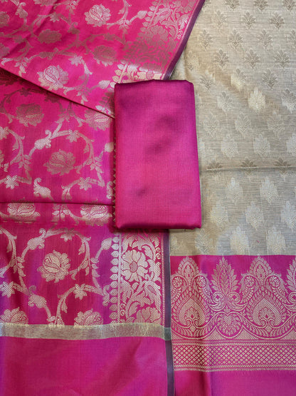 Beige Art Silk Floral Zari Booti Contrast Banarasi Suit with Pink Dupatta 625AJ_TPT53
