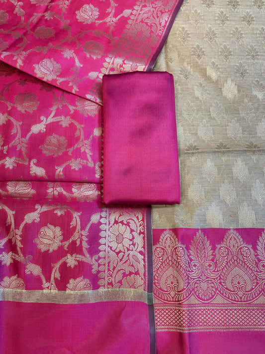 Beige Art Silk Floral Zari Booti Contrast Banarasi Suit with Pink Dupatta 625AJ_TPT53