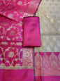 Beige Art Silk Floral Zari Booti Contrast Banarasi Suit with Pink Dupatta 625AJ_TPT53