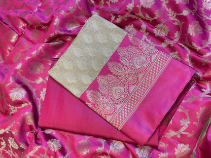 Beige Art Silk Floral Zari Booti Contrast Banarasi Suit with Pink Dupatta 625AJ_TPT53