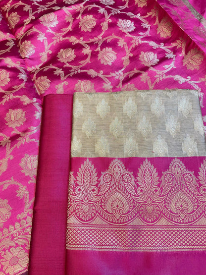 Beige Art Silk Floral Zari Booti Contrast Banarasi Suit with Pink Dupatta 625AJ_TPT53