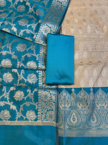 Beige Art Silk Floral Zari Booti Contrast Banarasi Suit with Seagreen Dupatta 625AJ_TPT55