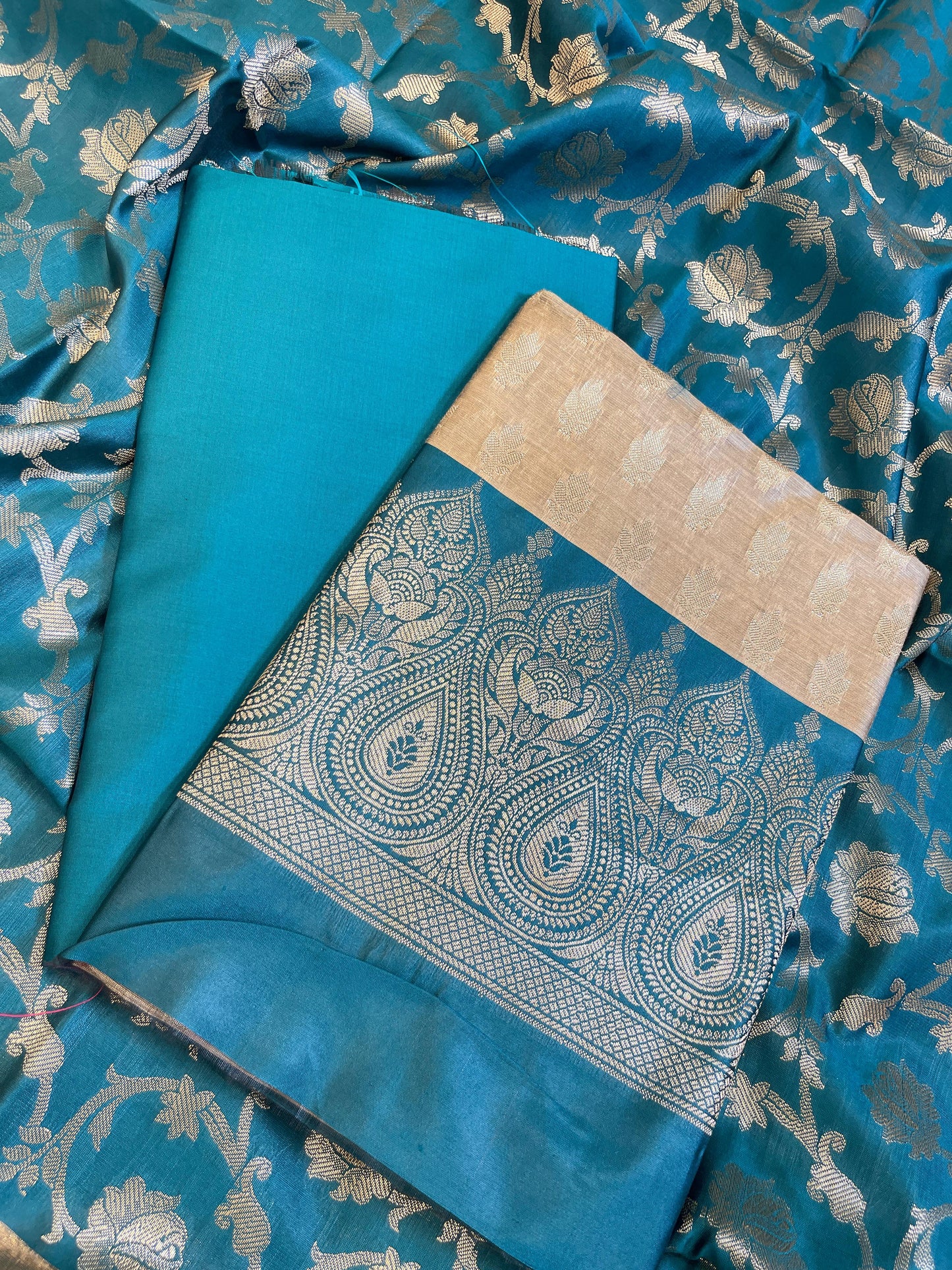 Beige Art Silk Floral Zari Booti Contrast Banarasi Suit with Seagreen Dupatta 625AJ_TPT55
