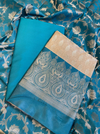 Beige Art Silk Floral Zari Booti Contrast Banarasi Suit with Seagreen Dupatta 625AJ_TPT55