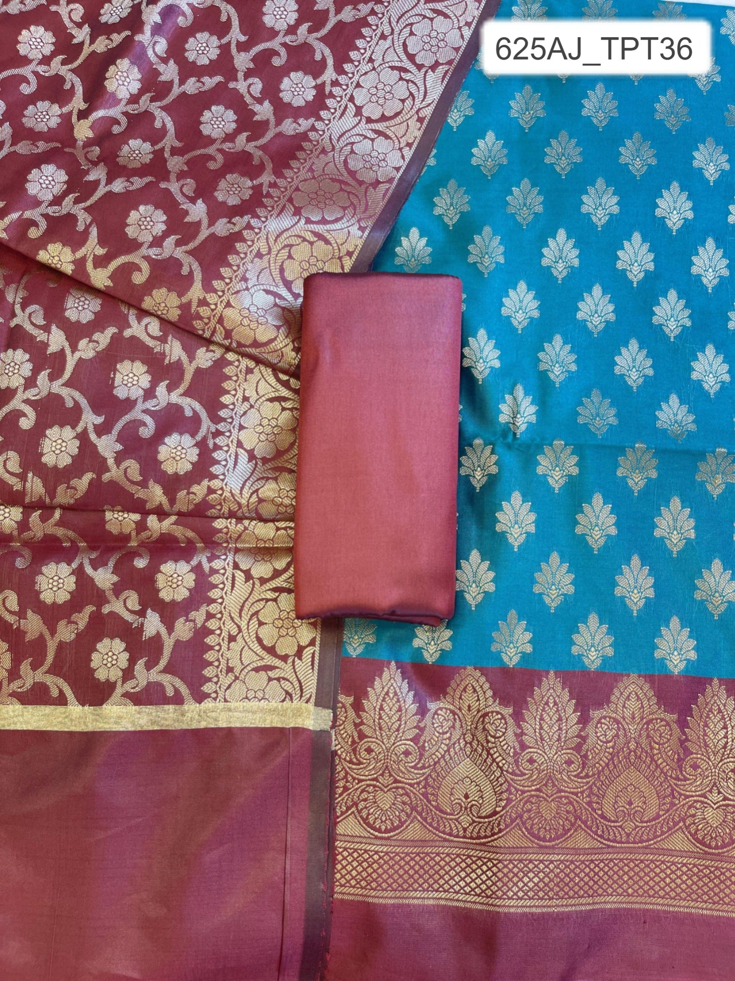 Seagreen Art Silk Floral Zari Chunri Booti Contrast Banarasi Suit with Maroon Dupatta 625AJ_TPT36