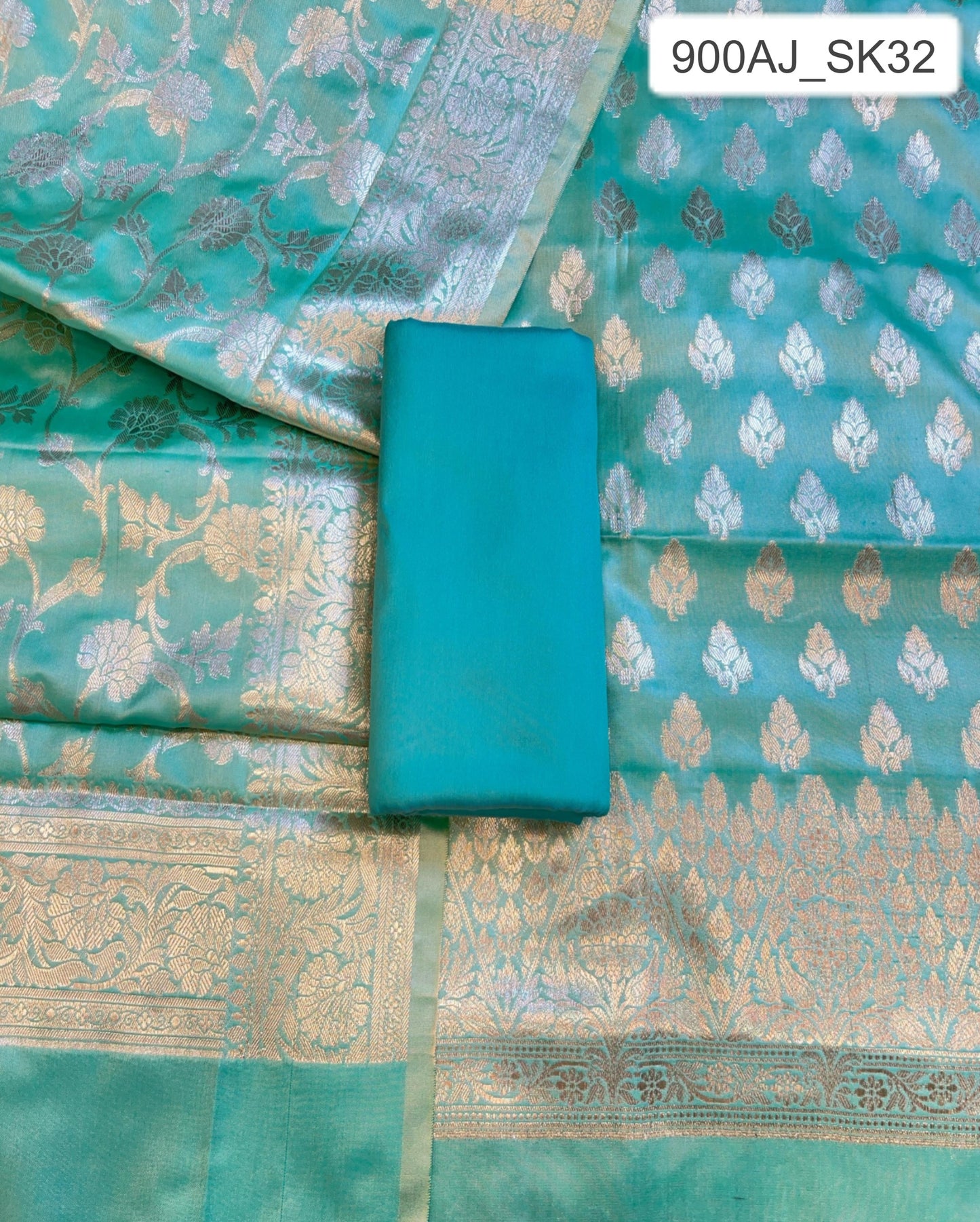 Seagreen Semi Silk Floral Zari Booti Banarasi 3 pcs Suit Set 900AJ_SK32