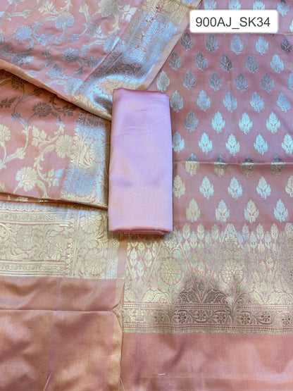 Peach Semi Silk Floral Zari Booti Banarasi 3 pcs Suit Set 900AJ_SK34