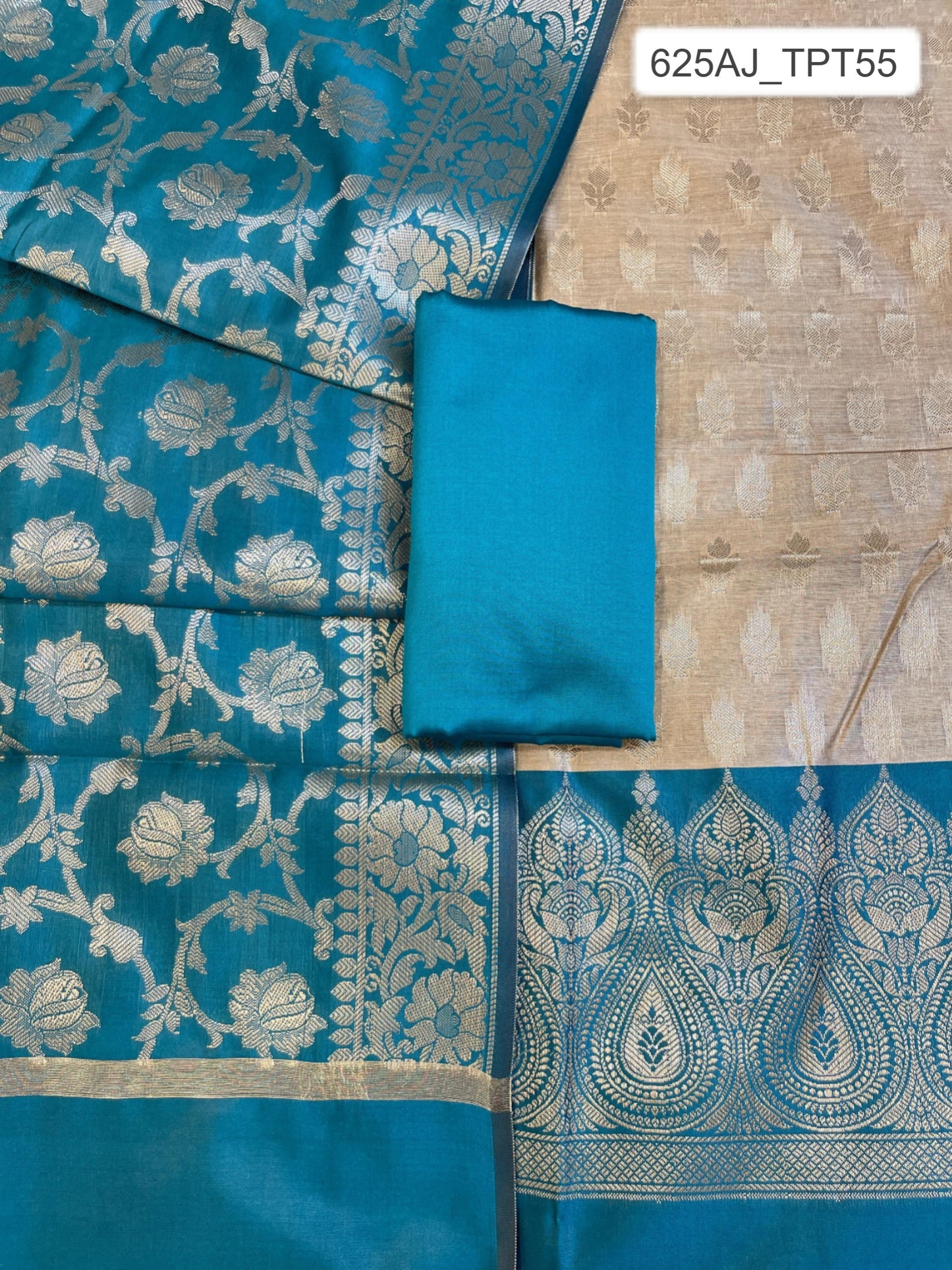 Beige Art Silk Floral Zari Booti Contrast Banarasi Suit with Seagreen Dupatta 625AJ_TPT55