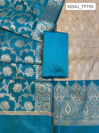 Beige Art Silk Floral Zari Booti Contrast Banarasi Suit with Seagreen Dupatta 625AJ_TPT55
