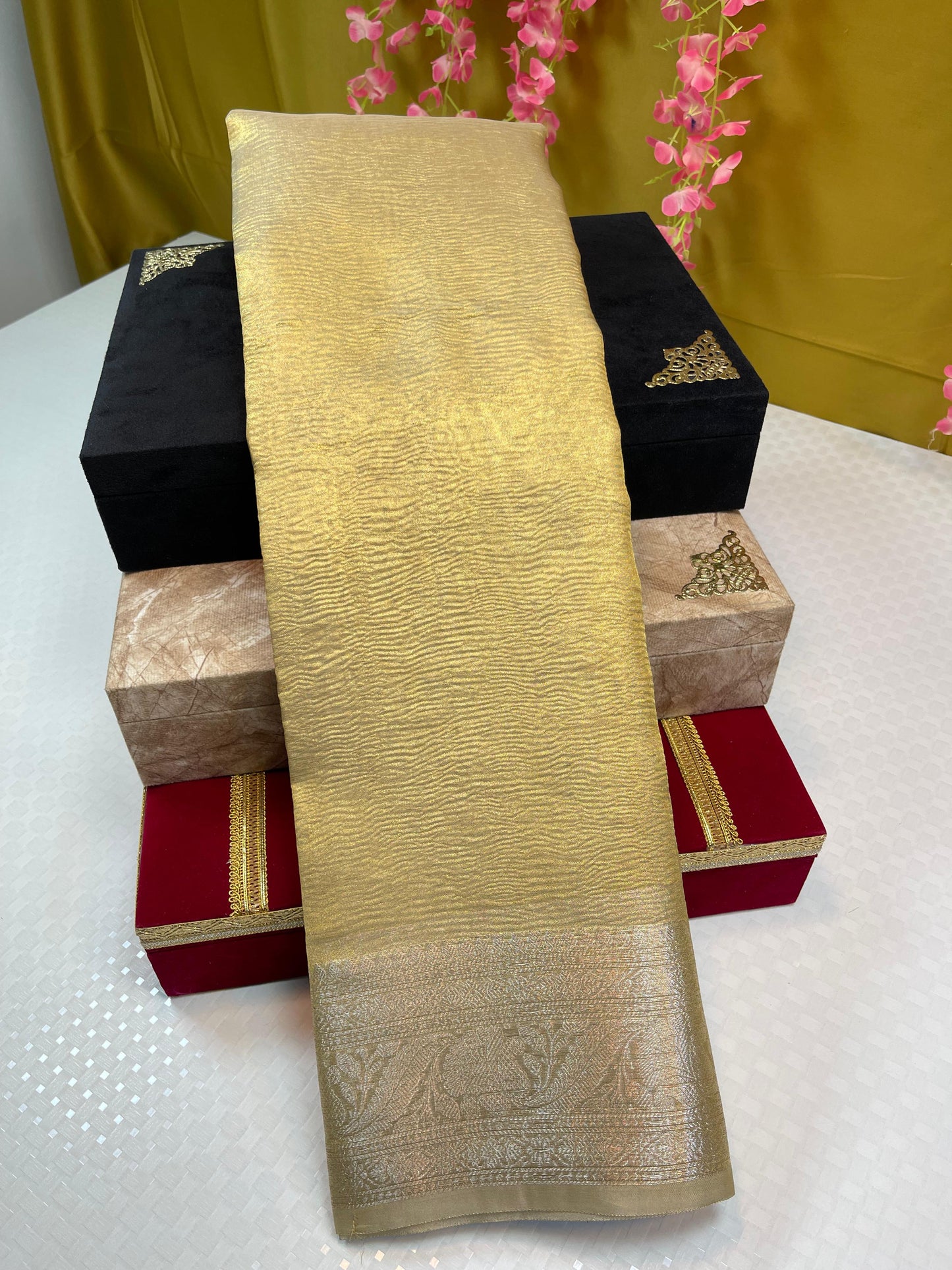 Gold Crush Tissue Silk Contrast Silver Border Banarasi Saree MS_CR1