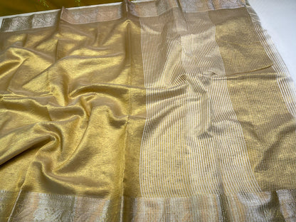 Gold Crush Tissue Silk Contrast Silver Border Banarasi Saree MS_CR1