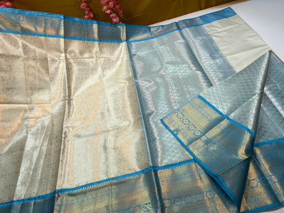 Beige Kanjeevaram Soft Silk Floral Jaal Contrast Blue Border Banarasi Saree MS_KS2
