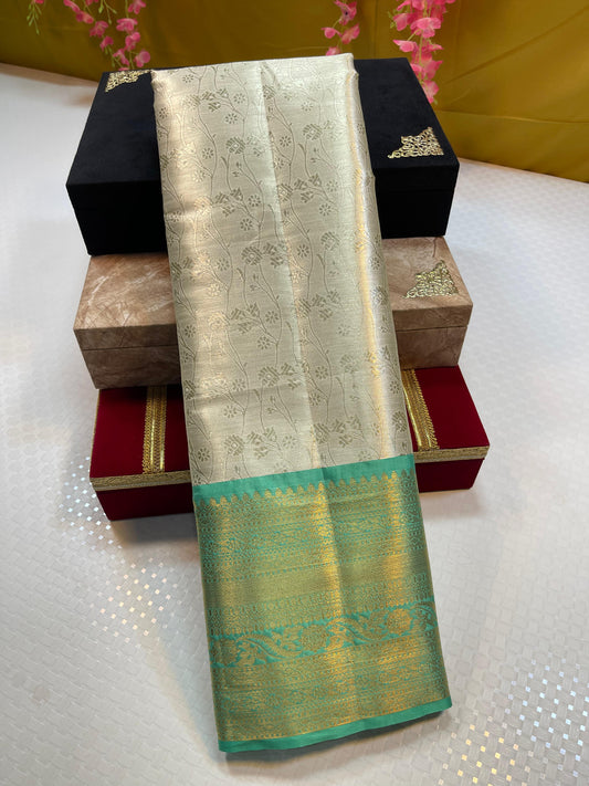 Beige Kanjeevaram Soft Silk Floral Jaal Contrast Green Border Banarasi Saree MS_KS1