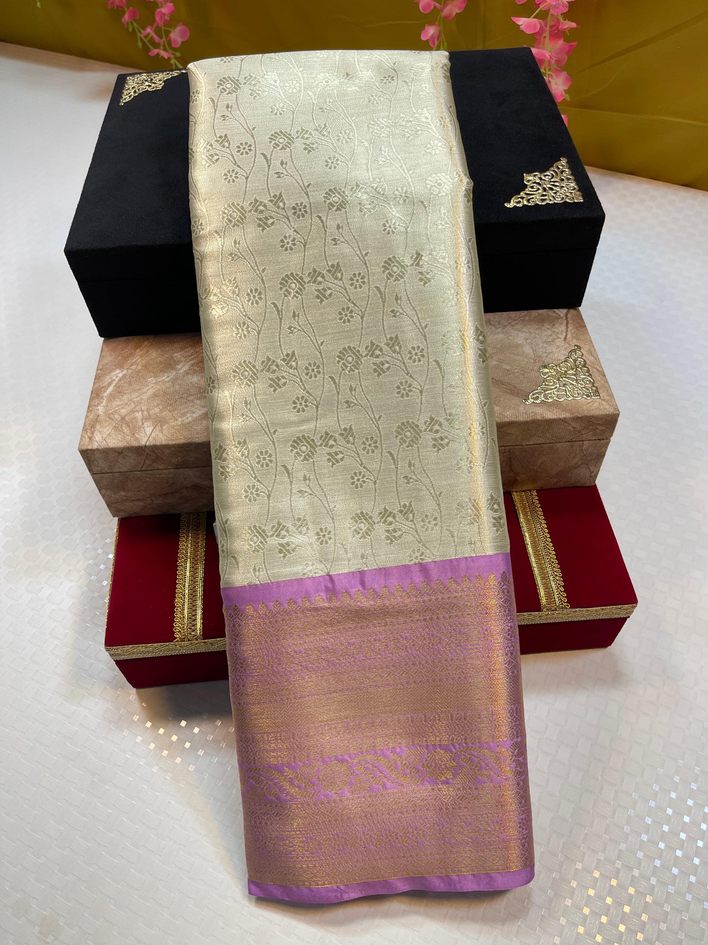 Beige Kanjeevaram Soft Silk Floral Jaal Contrast Purple Border Banarasi Saree MS_KS3