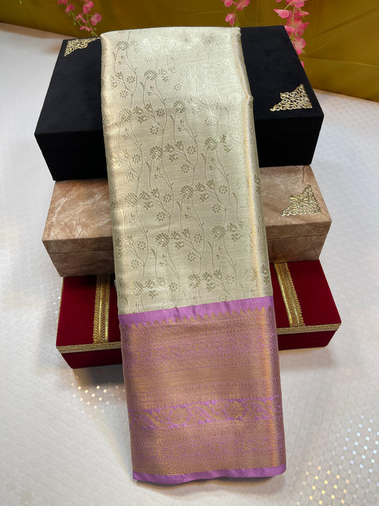 Beige Kanjeevaram Soft Silk Floral Jaal Contrast Purple Border Banarasi Saree MS_KS3