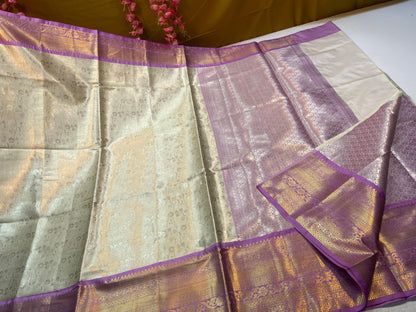 Beige Kanjeevaram Soft Silk Floral Jaal Contrast Purple Border Banarasi Saree MS_KS3