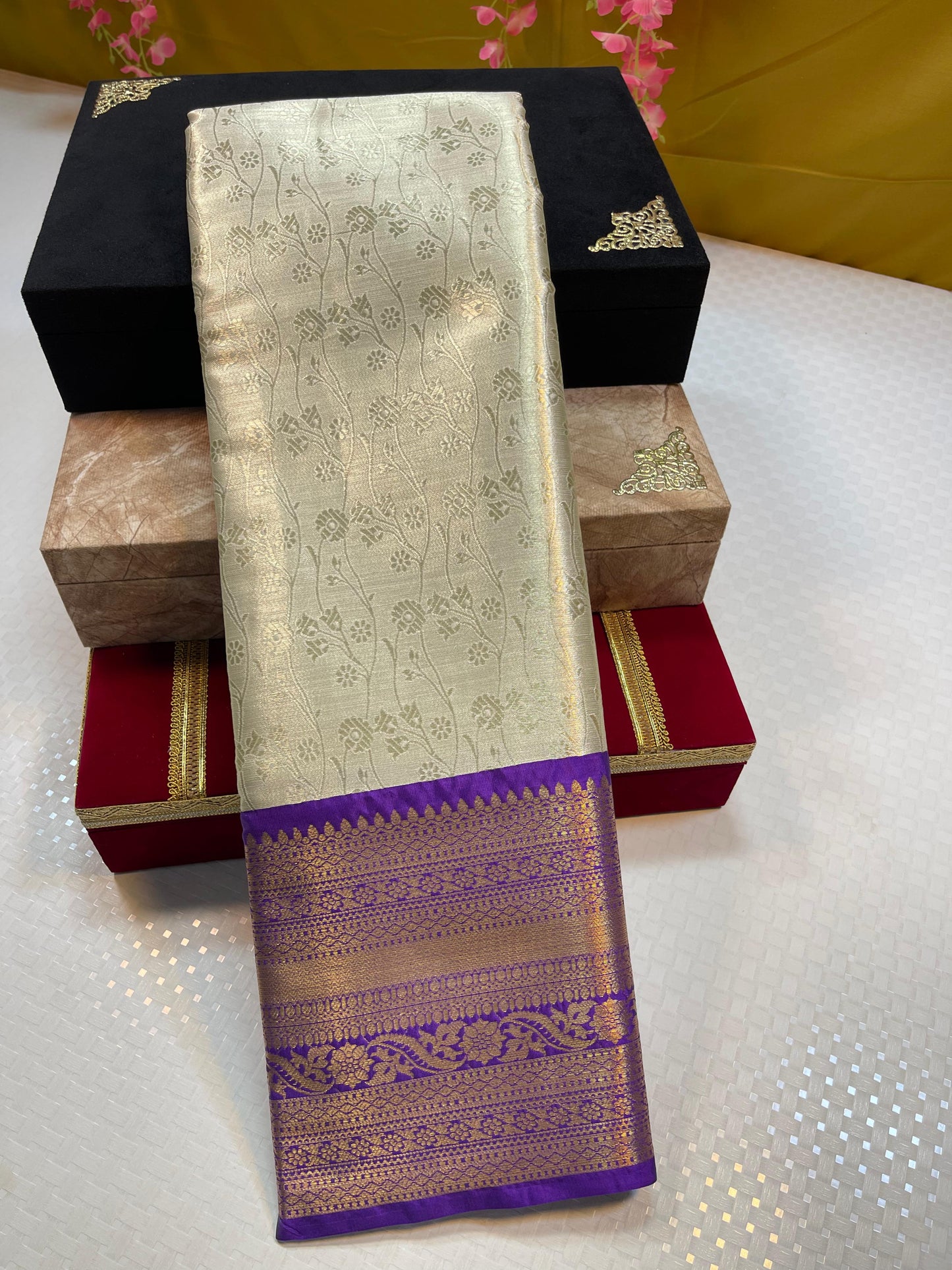 Beige Kanjeevaram Soft Silk Floral Jaal Contrast Indigo Blue Border Banarasi Saree MS_KS4