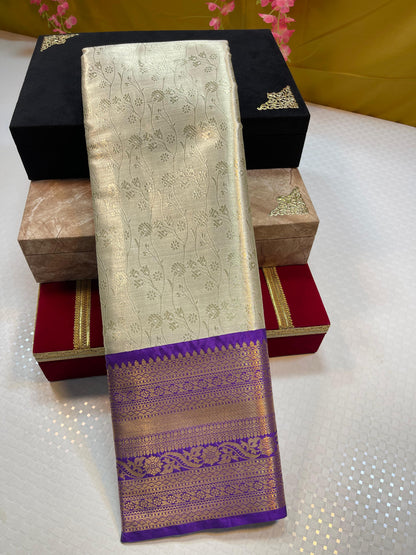 Beige Kanjeevaram Soft Silk Floral Jaal Contrast Indigo Blue Border Banarasi Saree MS_KS4